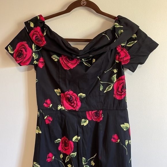 Romantic Pin Up Pencil Dress Med Black Cocktail Rose Fit Mid Belle Pogue Alt - Picture 6 of 15